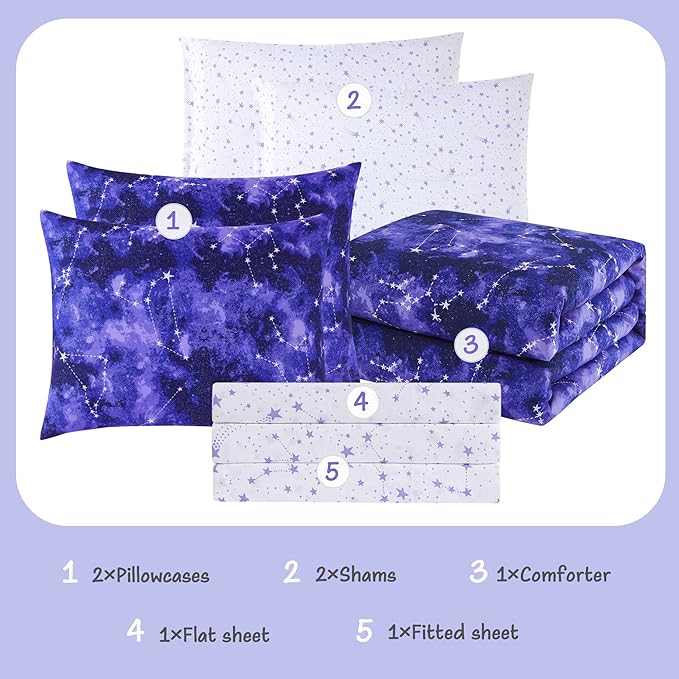 Comforter Set with Bedding - 5 Pieces Twin Bed in a Bag with Comforter, Sheets, Pillowcase & Sham - Glow in The Dark Galaxy - LeafyLoom