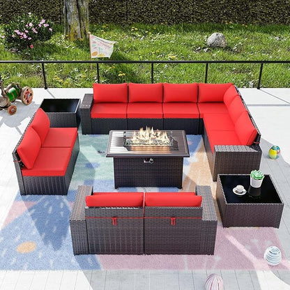 Kullavik 13 Pieces Outdoor Patio Furniture Set with 43" 55000BTU Gas Propane Fire Pit Table PE Wicker Rattan Sectional Sofa Patio Conversation Sets,Red - LeafyLoom