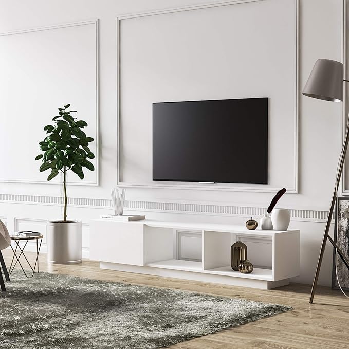 Modern TV Stand up to 75 inch Entertainment Center with Storage Mid-Century Smart Led TV for Living Room 70" TVs End Table, Lepando, White - LeafyLoom