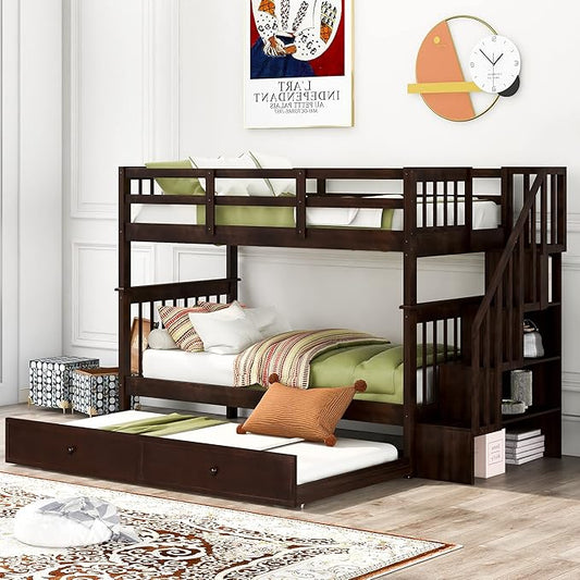 Bunk Bed with Stairs Storage, Twin Over Twin Size, Wooden Stairway Bunkbeds w/Trundle, for Kids Teens Bedroom, Detachable into Two Bedframe, Espresso - LeafyLoom