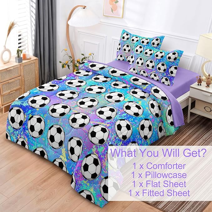 4 Piece Girls Soccer Bedding Set Twin Size Colorful Soccer Comforter Set for Teen Girls Kids Twin Bed in a Bag Set with Sheets Twin Bed Sets for Teenage - LeafyLoom