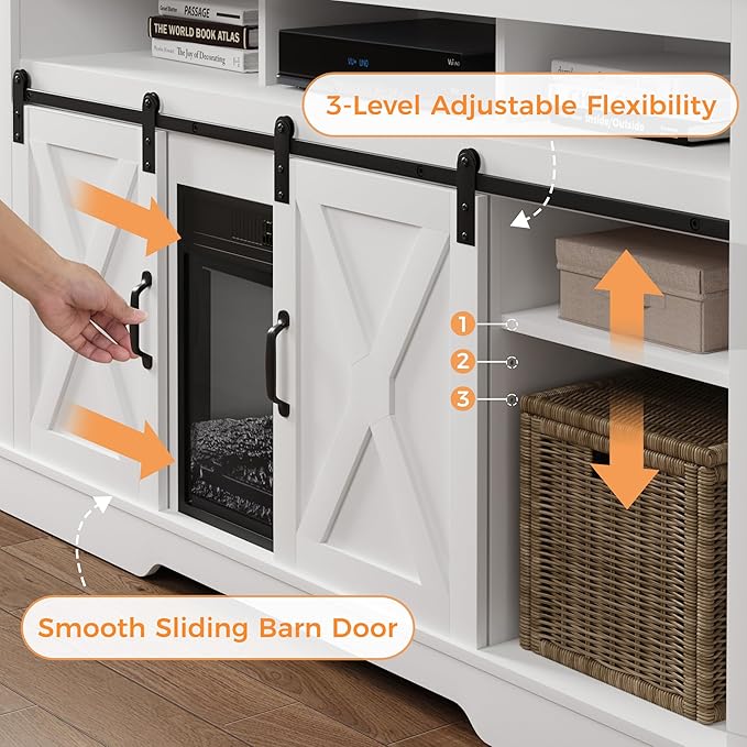 Farmhouse TV Stand for 23" Fireplace, 34'' Tall Entertainment Center for 65+ Inch TV, Rustic TV Console with Sliding Bar Door for Living Room (White) - LeafyLoom