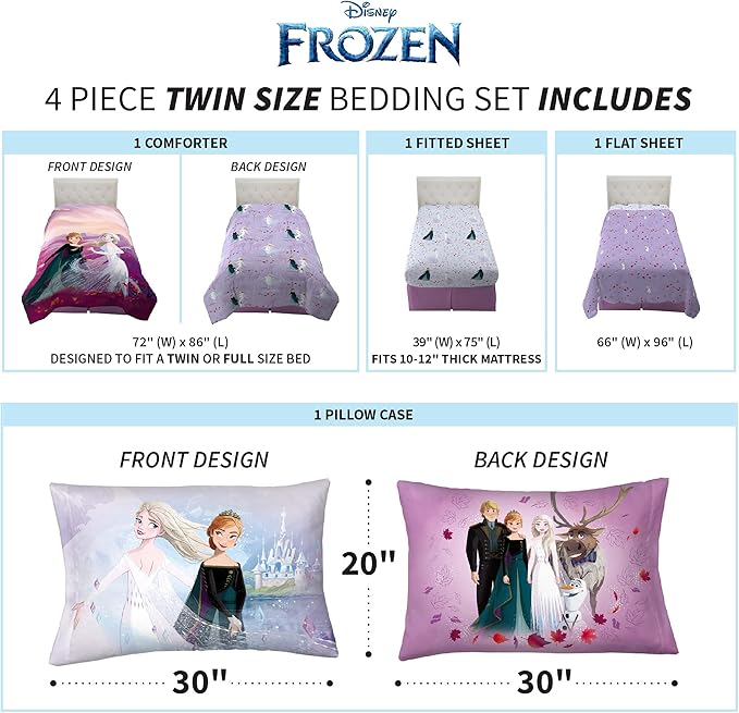 Disney Frozen 2 Kids Bedding Super Soft Comforter And Sheet Set, 4 Piece Twin Size, "Official" Disney Product By Franco - LeafyLoom