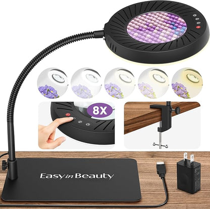 EASYINBEAUTY 8X Magnifying Glass with Light and Stand, 5 Color Modes & 9-Level Dimmable, 2-in-1 LED Magnifying Desk Lamp with Clamp, Gooseneck Magnifying Light for Crafts Hands Free, Close Work, Read - LeafyLoom