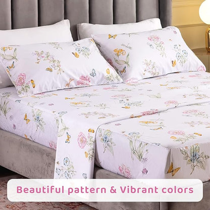 QSH 100% Egyptian Cotton Sheets Full Size Set, Flower Butterfly Plant Pattern Botanical Luxury Cotton Printed Bedding Floral Full Bed Sheets Extra Soft and Breathable 4pcs Deep Pockets Sheets - LeafyLoom