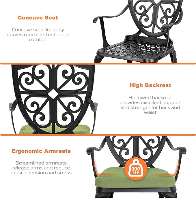 NUU GARDEN Bistro Set 3 Piece Outdoor, Cast Aluminum Patio Bistro Sets with Umbrella Hole and Green Cushions, Bistro Table and Chairs Set of 2 for Patio Backyard, Black - LeafyLoom