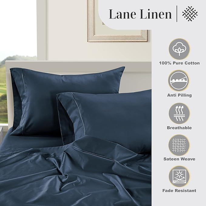 LANE LINEN 100% Egyptian Cotton Bed Sheets - 1000 Thread Count 3-Piece Twin XL Set Long Staple Bedding Sateen Weave Luxury Hotel Fits Upto 16" Mattress Dark Denim - LeafyLoom