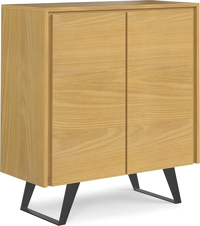 SIMPLIHOME Lowry SOLID WOOD and Metal 39 Inch Wide Modern Industrial Medium Storage Cabinet in OAK WOOD, For the Living Room, Entryway and Family Room - LeafyLoom