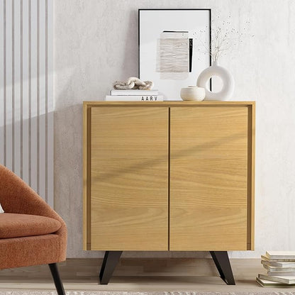 SIMPLIHOME Lowry SOLID WOOD and Metal 39 Inch Wide Modern Industrial Medium Storage Cabinet in OAK WOOD, For the Living Room, Entryway and Family Room - LeafyLoom