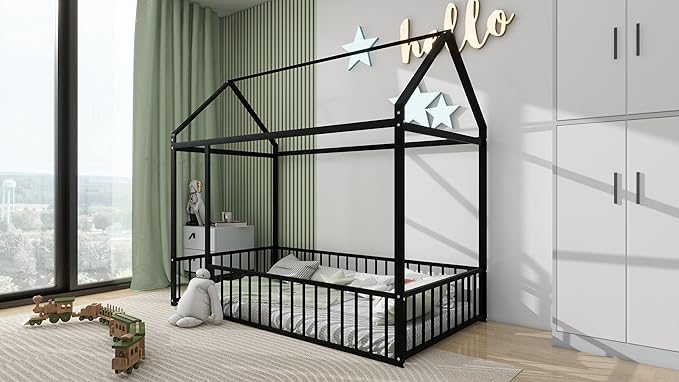 RITSU Twin Size Montessori Floor Bed, Metal House Bedframe with Fence, Robust Construction is Used, for Children'S Rooms, Boys Girls, No Box Spring Needed, Easy Assembly, Black - LeafyLoom