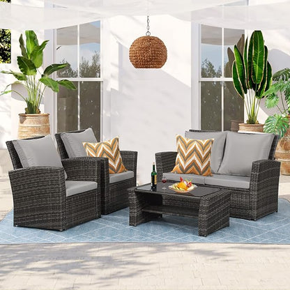 4 Piece Patio Furniture Sets, All-Weather Wicker Conversation Sets, Outdoor Rattan Sectional Sofa Chair with Cushions and Coffee Table for balcony, garden, backyard, Grey - LeafyLoom