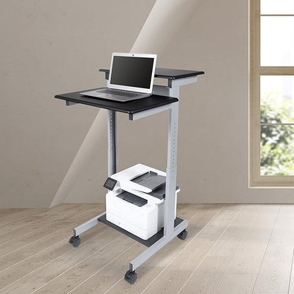 Stand Up Desk Store Rolling Adjustable Height Two Tier Standing Desk Computer Workstation (Silver Frame/Black Top, 24" Wide) - LeafyLoom