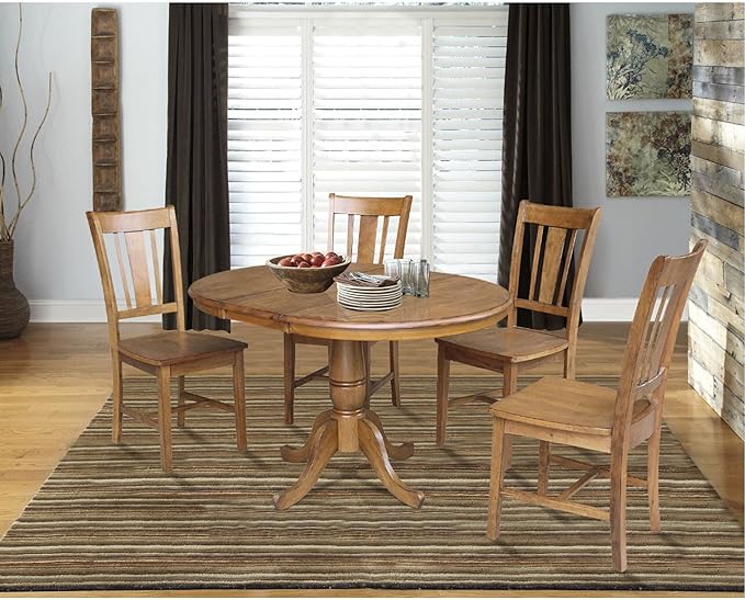 International Concepts 36" Round Top Pedestal Ext Table With 12" Leaf And 4 Rta Chairs, Pecan - LeafyLoom