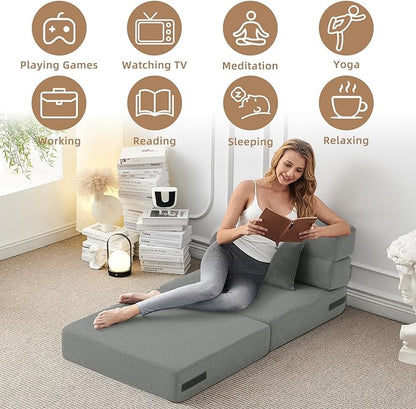 Convertible Folding Sofa Bed - Sleeper Chair with Pillow, Modern Linen Fabric Floor & Futon Couch, Foldable Mattress for Living Room/Dorm/Guest Use/Home Office/Apartment, Single Size Light Gray - LeafyLoom