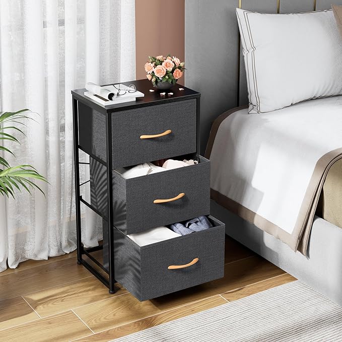 Nicehill Nightstand, Dresser with 3 Drawers, Bedside Table Chest of Drawers, Fabric Dresser for Bedroom, Kids' Room, Living Room, Closet, Small Dresser with Wooden Top Steel Frame, Modern, Dark Grey - LeafyLoom