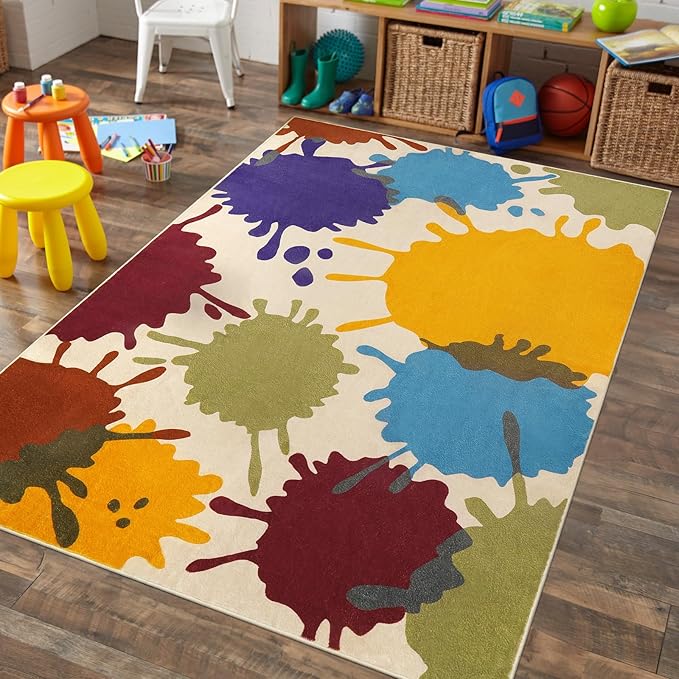 Colorful Area Rug, 5'x7' Classroom Rug for Kids, Paint Splash Washable Rug for Playroom, Non-Slip Rainbow Nursery Rug Soft Living Room Carpet for Bedroom Dining Room Kids Room - LeafyLoom