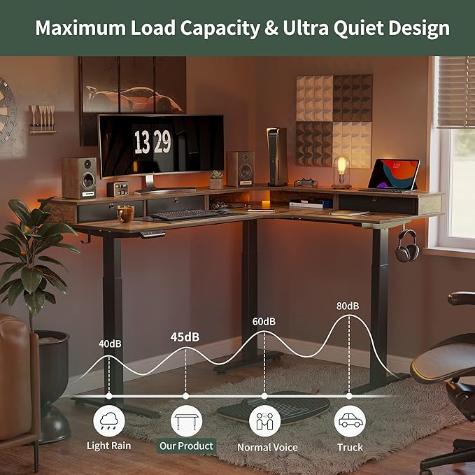 FEZIBO Triple Motor 63" L Shaped Standing Desk with 3 Drawers, Electric Standing Desk Adjustable Height, Corner Stand up Desk with Splice Board - Rustic Brown - LeafyLoom