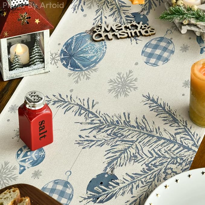 Artoid Mode Blue Pine Trees Merry Christmas Table Runner, Winter Xmas Holiday Kitchen Dining Table Decoration for Home Party Decor 13x60 Inch ArtoidMode