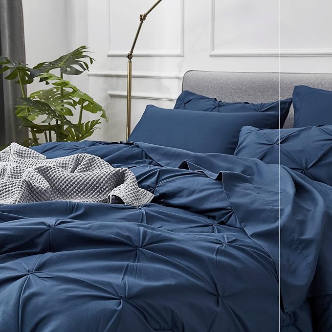 Bedsure California King Comforter Set - Cal King Bed Set 7 Pieces, Pinch Pleat Navy Blue Cali King Bedding Set with Comforter, Sheets, Pillowcases & Shams - LeafyLoom