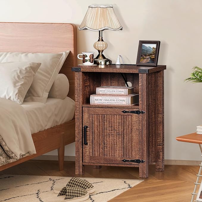 Night Stand Set of 2, 18 Inch Farmhouse Nightstand with with Charging Station and USB Port, Rustic Wood Bedside Table with Magnetic Door, Bed Side Tables for Bedroom, Reclaimed Barnwood - LeafyLoom