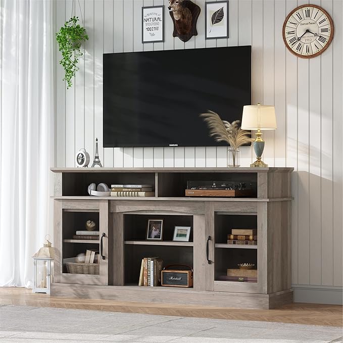 58 Inch TV Stand, Television Stands with 2 Tempered Glass Doors, Storage Cabinet and Shelves, Entertainment Center for Living Room, Barnwood - LeafyLoom