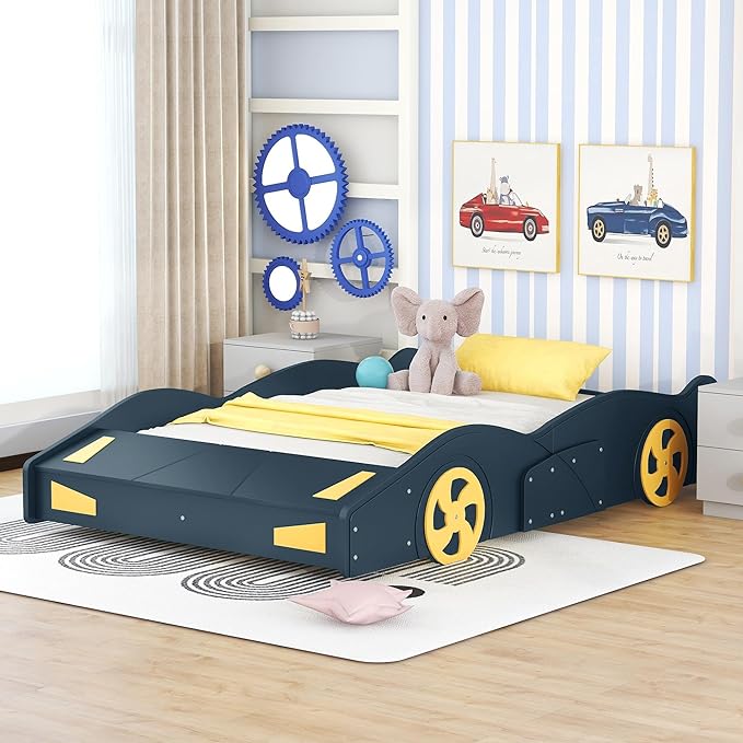 Full Size Race Car-Shaped Platform Bed with Wheels,Wooden Car Bedframe W/Storage Space,No Box Spring Required,for Boys Toddlers Kids Child's Bedroom,Dark Blue+Yellow - LeafyLoom