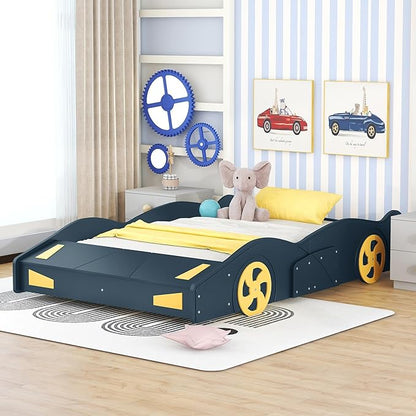 Full Size Race Car Bed for Kids, Car-Shaped Bed Frame with Wheels and Storage Footboard for Boys, Wood Slats Support,No Box Spring Needed, Dark Blue+Yellow - LeafyLoom