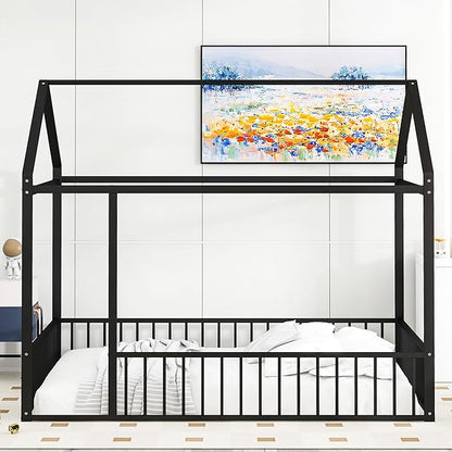 RITSU Full Size Montessori Floor Bed, Metal House Bedframe with Fence, Robust Construction is Used, for Children'S Rooms, Boys Girls, No Box Spring Needed, Easy Assembly, Black - LeafyLoom