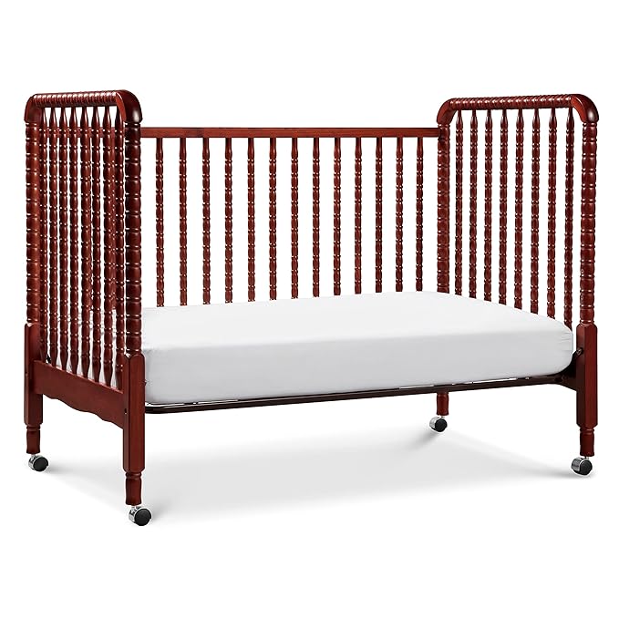 DaVinci Jenny Lind 3-in-1 Convertible Crib in Rich Cherry, Removable Wheels, Greenguard Gold Certified - LeafyLoom