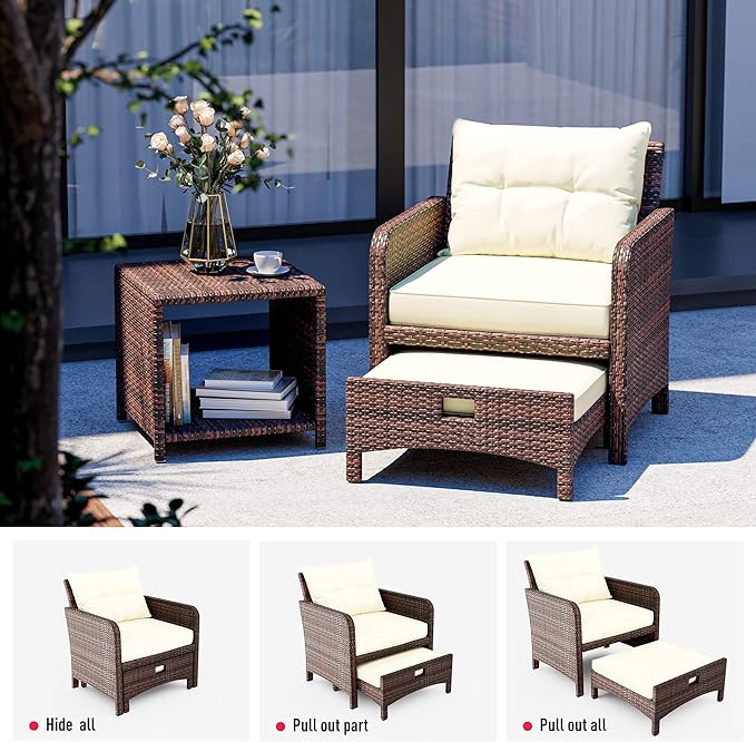 Pamapic 5 Pieces Outdoor Patio Wicker Chairs Set with Ottoman, Outside Conversation Furniture Set with Cushions and Coffee Table for Balcony Porch Lawn Garden (Cream Cushion+ Umber Rattan) - LeafyLoom