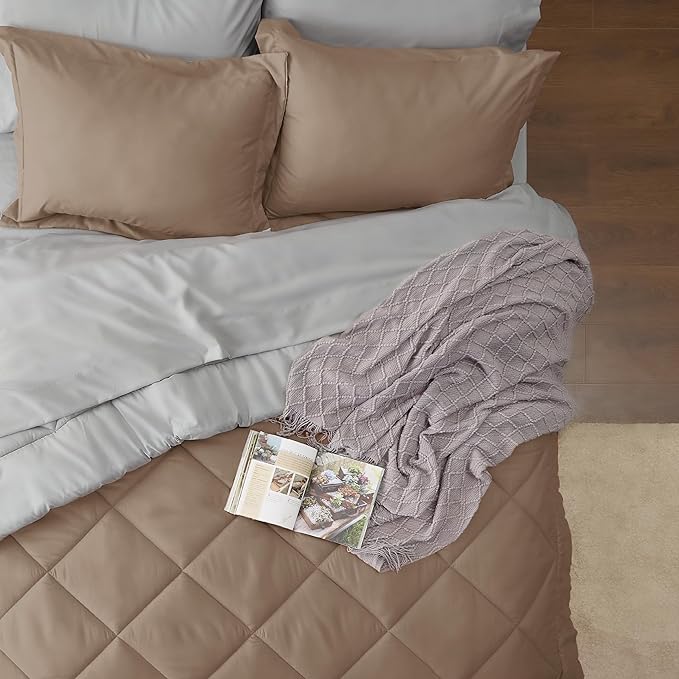 Bedsure Brown Full Size Comforter Set - 7 Pieces Reversible Full Bed in a Bag, Full Bed Set Brown and Grey with Comforters, Sheets, Pillowcases & Shams - LeafyLoom