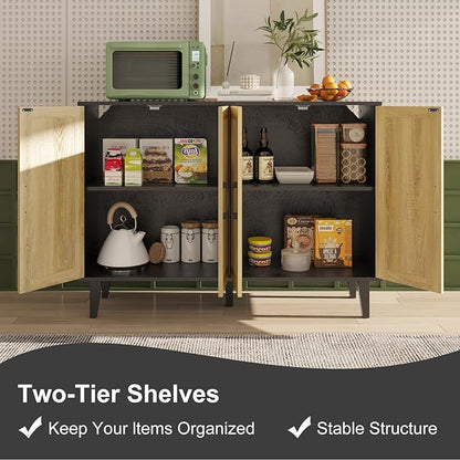 Storage Cabinet with Rattan Trim - 4 Door Sideboard Buffet Cabinet with Storage, Accent Cabinet with Shelves for Bathroom, Coffee Bar, Kitchen, Living Room, Hallway (Black) - LeafyLoom