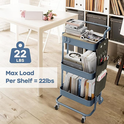 DTK 3 Tier Metal Utility Rolling Cart with Table Top and Side Bags, Metal Tray Storage Organizer Cart with Wheels, Art Craft Cart with 4 Hooks for Kitchen Bathroom Office Living Room (Blue) - LeafyLoom