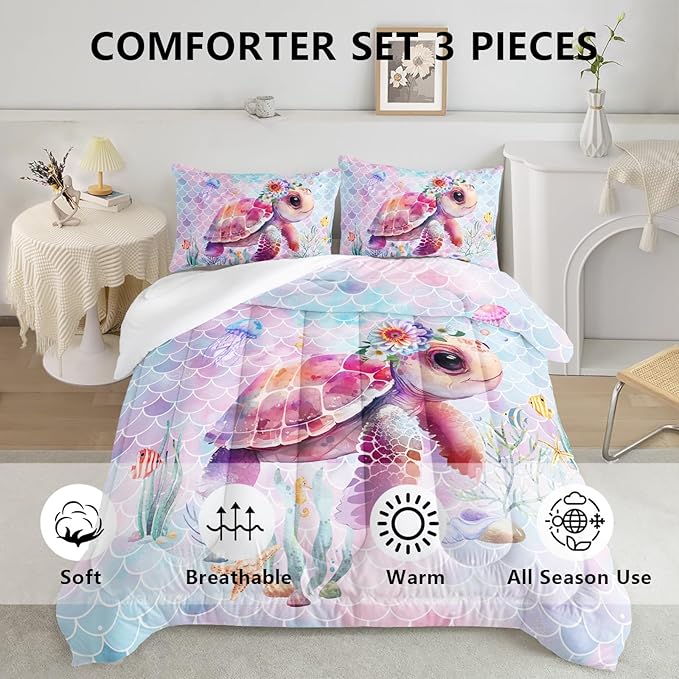 Axolotl Turtle Bedding Set Twin,Colorful Underwater World Comforter Set for Kids Boys Girls Teens,Ocean Comforter Set with Jellyfish,Kids Bedding Set Print Colorful Fish Scales,1 Quilt 2 Pillowcases - LeafyLoom