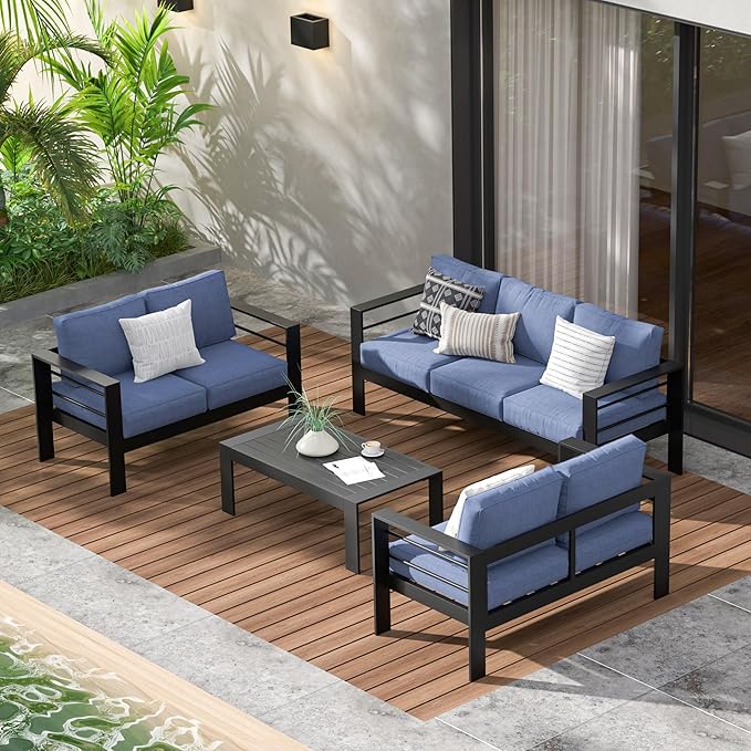 Wisteria Lane Aluminum Outdoor Patio Furniture Set, Modern Patio Conversation Sets, Outdoor Sectional Metal Sofa with 5 Inch Cushion and Coffee Table for Balcony, Garden, Black Frame & Blue Cushion - LeafyLoom