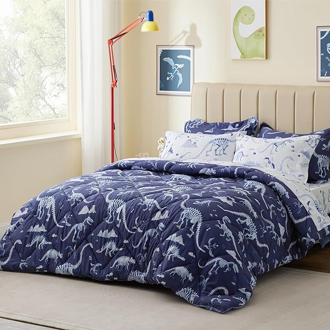 Twin Comforter Set for Boys,5 Pieces Dinosaur Kids Bedroom Bedding with Sheets and Pillowcase,Super Soft Lightweight for All Seasons,Blue,Machine Washable - LeafyLoom