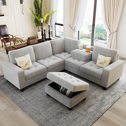 Sectional Sofa Couch w/Ottoman & Chaise, Upholstered L Shape Modular Sofa&Couch,Button Tufted Comfy for Living Room Furniture Sets, Home, LIGHT GREY CupHolders - LeafyLoom