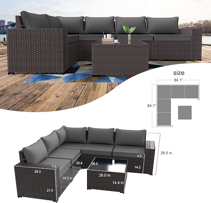 Kullavik 6PCS Outdoor Patio Furniture Set PE Wicker Rattan Sectional Sofa Patio Conversation Sets,Grey - LeafyLoom