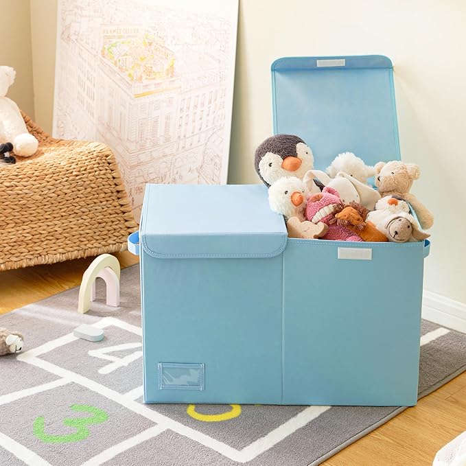 GRANNY SAYS Toy Chest with Lids, Foldable Toy Storage Organizer with Handles, Stuffed Animal Storage for Nursery Room Playroom, Living Room, Large Toy Box for Boys and Girls, Light Blue - LeafyLoom