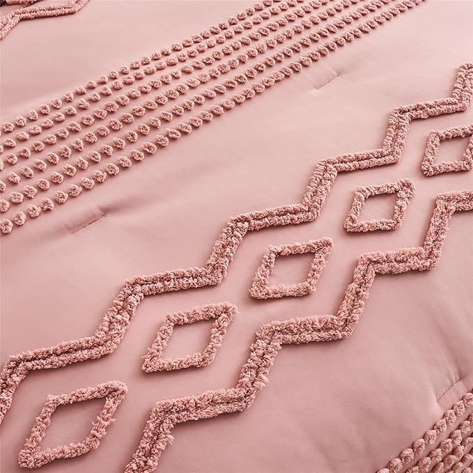 Blush Pink Tufted Comforter Set Queen Size 7 Piece Bed in a Bag, Shabby Chic Boho Comforter and Sheet Set, Pom Pom Textured Bed Set, All Season Soft Microfiber Complete Bedding Set(Pink,Queen) - LeafyLoom