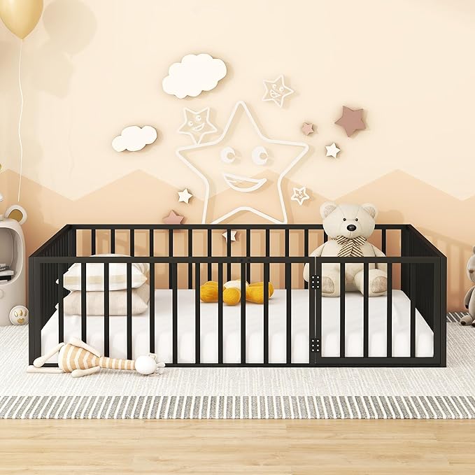 RITSU Queen Size Metal Floor Fence Bed, Montessori Bedframe, with Safety Guardrail and Door, for Children Bedroom, Boys Girls, Apartment, Strong & Durable, Easy to Assemble, Black - LeafyLoom