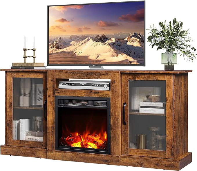 WLIVE Fireplace TV Stand for 65" TV, Entertainment Center with 18 Inch Electric Fireplace, TV Console with Open Shelves for Living Room and Bedroom, Rustic Brown - LeafyLoom