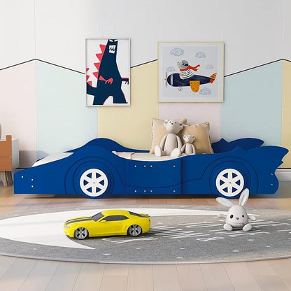 Car Shaped Toddler Bed with Wheels,Racecar Platform Beds W/Safety Guardrail,Slats Support,Stylish Design,Easy Assembly,Wood Twin Bedframe for Boys Toddlers Kids Teens Bedroom,Blue - LeafyLoom