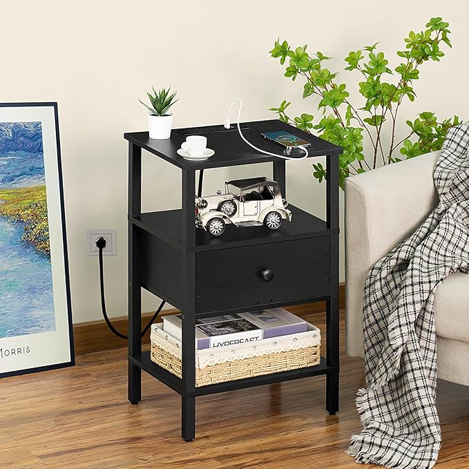 Lerliuo Nightstand with Charging Station and USB Ports, 3-Tier Storage End Table with Drawer Shelf, Night Stand for Small Spaces, Wood Bed Side Table for Living Room, Bedroom - Classic Black - LeafyLoom