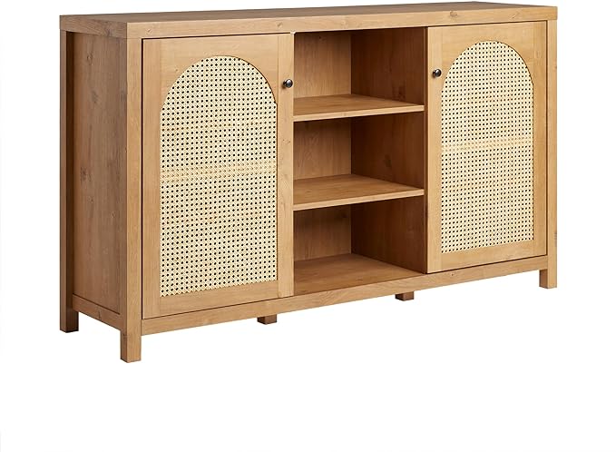 Walker Edison Boho Arched Rattan 2-Door Sideboard, 58 Inch, English Oak - LeafyLoom