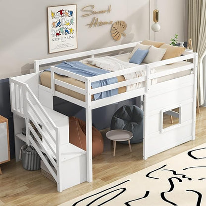 Twin Size Low Loft Bed with Storage Staircase,Kids Loft Bed Twin with Window,Space-Saving Low Loft Bed Frame for for Teens, Boys, Girls,White - LeafyLoom