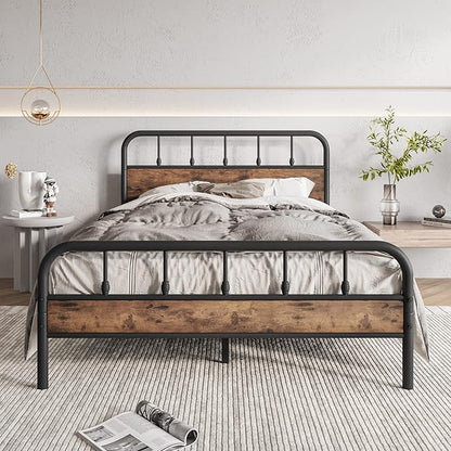 Full Size Metal Bed Frame with Rustic Vintage Wood Headboard and Footboard,Strong Metal Slats Support,No Box Spring Needed,Black - LeafyLoom