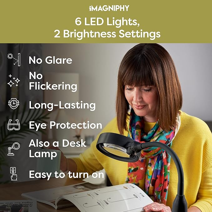 8X Desk Magnifying Light - Magnifying Glass for Reading and Crafts with 6 LEDs (No Glare, No Flickering) - Magnifying Lamp with Light and Stand, 2 Brightness Settings - Ideal for Seniors - LeafyLoom