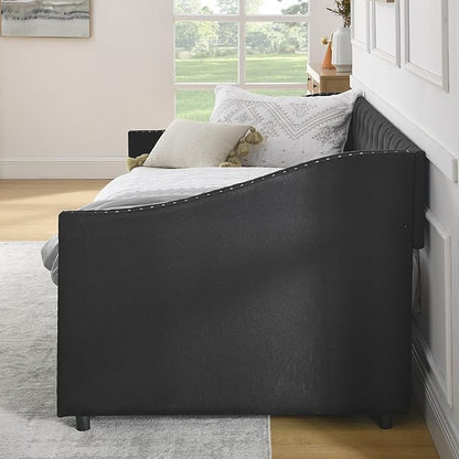 Twin Size Daybed with Two Storage Drawers, Linen Upholstered Tufted Sofa Bed w/Button on Back and Copper Nail on Waved Shape Arms, for Bedroom Living Room, No Box Spring Needed, Black - LeafyLoom