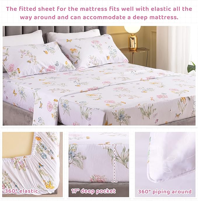 QSH 100% Egyptian Cotton Sheets Full Size Set, Flower Butterfly Plant Pattern Botanical Luxury Cotton Printed Bedding Floral Full Bed Sheets Extra Soft and Breathable 4pcs Deep Pockets Sheets - LeafyLoom